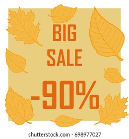 A discount of ninety percent surrounded by autumn leaves on a brown background. Autumn sale, sell, cheap