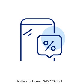 Rabattbenachrichtigung, Preis-Drop-Alert. Smartphone und Nachrichtenprozentzahl. Pixel perfektes, bearbeitbares Strichsymbol