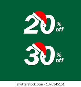 Discount Number with Red Santa Hat. 20% off sale and 30% off sale symbol. Unique icon for your Xmas Sale Promotion. A bold symbol and easy to read for your store. Easy to place in your promotion media