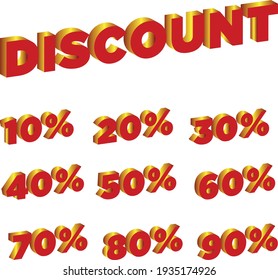 Discount Numbers 3D Vector Illustration, Red and Gold sale discount percentage numbers, 10 percent off, 15 off and 20 percent off discount illustration