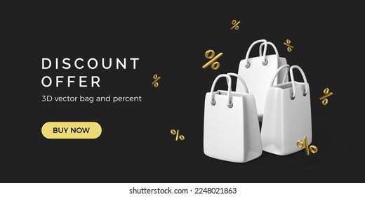 Cartel de oferta de descuento. Bolsas de compras en 3D blancas con el signo del porcentaje de oro volador sobre fondo negro. Promoción de venta de paquetes de papel. Ilustración del vector