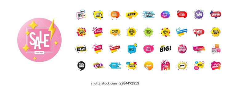 Discount offer banners set. Promo price deal stickers. Special offer sale 3d speech bubble. Promotion flash coupons. Mega discount deal banners. Sale chat speech bubble. Ad promo message. Vector