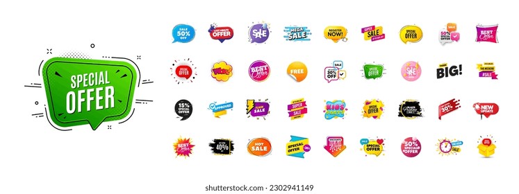 Discount offer banners set. Promo price deal stickers. Special offer sale 3d speech bubble. Promotion flash coupons. Mega discount deal banners. Sale chat speech bubble. Ad promo message. Vector