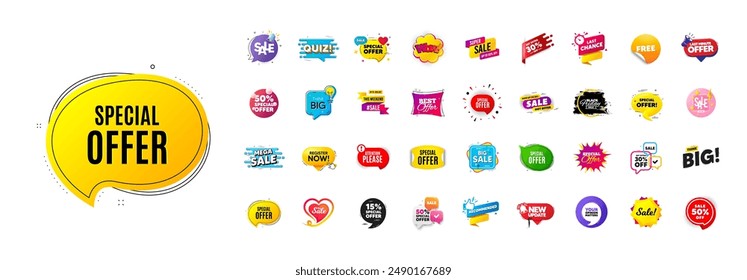 Discount offer banners set. Promo price deal stickers. Special offer sale 3d speech bubble. Promotion flash coupons. Mega discount deal banners. Sale chat speech bubble. Ad promo message. Vector