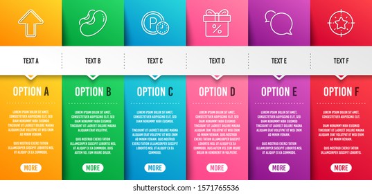 Discount offer, Beans and Parking time line icons set. Infographic timeline. Messenger, Upload and Star target signs. Gift box, Vegetarian seed, Park clock. Speech bubble. Business set. Vector