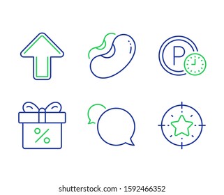 Discount offer, Beans and Parking time line icons set. Messenger, Upload and Star target signs. Gift box, Vegetarian seed, Park clock. Speech bubble. Business set. Vector