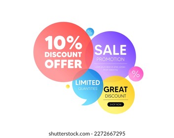 Discount offer bubble banner. 10 percent discount tag. Sale offer price sign. Special offer symbol. Promo coupon banner. Discount round tag. Quote shape element. Vector