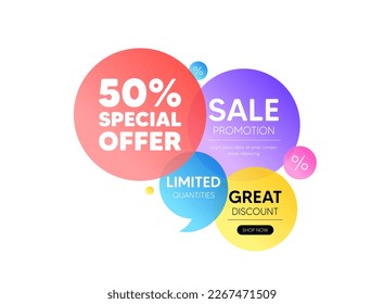 Banner de oferta de descuento para burbujas. etiqueta de oferta de descuento del 50%. Cartel promocional del precio de venta. Símbolo de oferta especial. Cartel de cupón promocional. Etiqueta redonda de descuento. Cita el elemento de forma. Vector