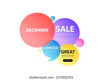 Discount offer bubble banner. December month icon. Event schedule Dec date. Meeting appointment planner. Promo coupon banner. December round tag. Quote shape element. Vector