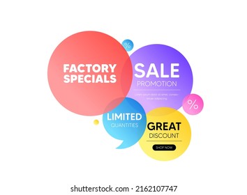 Banner de oferta de descuento para burbujas. Etiquetas especiales de fábrica. Señal de precio de oferta de venta. Símbolo de descuentos publicitarios. Cartel de cupón promocional. Etiquetas redondas especiales de fábrica. Cita el elemento de forma. Vector