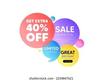 Banner de oferta de descuento para burbujas. Obtén un 40% extra de la venta. Signo de precio de oferta de descuento. Símbolo de oferta especial. Ahorra 40 por ciento. Cartel de cupón promocional. Etiqueta de ronda de descuento adicional. Vector