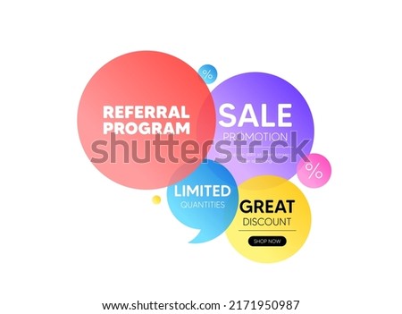 Discount offer bubble banner. Referral program tag. Refer a friend sign. Advertising reference symbol. Promo coupon banner. Referral program round tag. Quote shape element. Vector