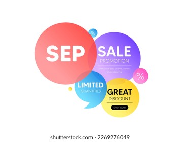 Banner de oferta de descuento para burbujas. Icono del mes de septiembre. Programación de eventos Fecha de setiembre. Planificador de citas de reunión. Cartel de cupón promocional. Etiqueta de ronda de septiembre. Cita el elemento de forma. Vector