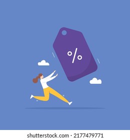 discount offer concept. lover or discount hunter. a woman running to catch a discount promo. buyers, shopping, and prices. vector illustration design. for banners, posters, landing pages, UI