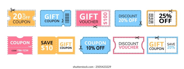 Discount offer coupon. Gift voucher or sale ticket template with cutting dashed lines and scissors icon. Shopping savings promotion coupons vector set.