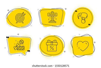Discount offer, Elephant on ball and Heart signs. Chat bubbles. Attraction, Archery and Sale line icons set. Free fall, Attraction park, Gift box. Circus show. Holidays set. Vector