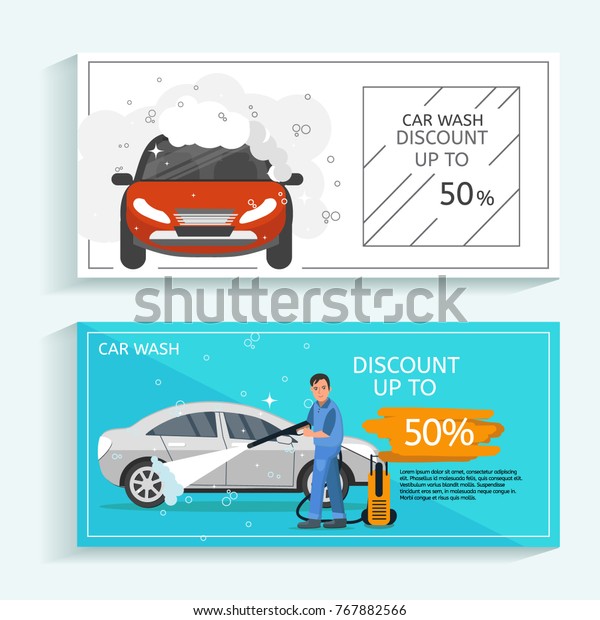 Discount offer flyer concept for car wash service.\
Man washing car vector illustration. Car wash concept with red\
sport car.
