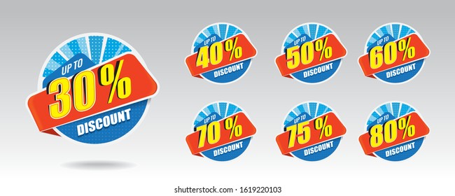 Discount offer logo, 30 % to 80%.