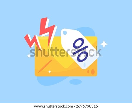Discount offer message concept. Flash sale and special discount email promotions. Advertising and information. illustration of lightning symbol, envelope, and discount label. Flat style design. Blue