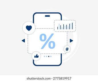 Discount offer with mobile marketing and conversion rate in digital interface. Promote product, increase sales with percentage discount and social media engagement in mobile app vector illustration