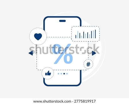Discount offer with mobile marketing and conversion rate in digital interface. Promote product, increase sales with percentage discount and social media engagement in mobile app vector illustration