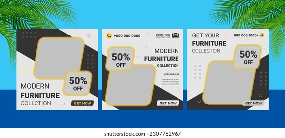 Discount Offer of Modern Furniture buy two get one sofa free delivery order now top 5 style design element top 10 classic design home delivery social media post idea  template 2023