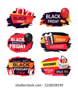 Discount and offer on black friday autumn holiday vector. Banners with presents boxes and gifts, balloon and basket with bought items. Price reduction
