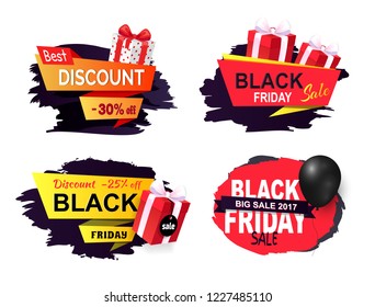 Discount and offer on black friday autumn holiday vector. Banners with presents boxes and gifts, balloon and basket with bought items. Price reduction
