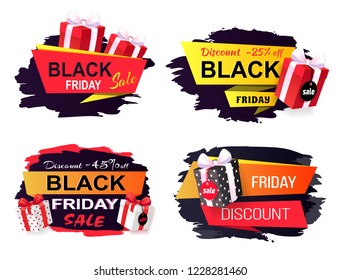 Discount and offer on black friday autumn holiday vector. Banners with presents boxes and gifts. Price reduction