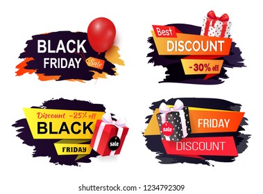 Discount and offer on black friday autumn holiday vector. Banners with presents boxes and gifts, balloon and basket with bought items. Price reduction
