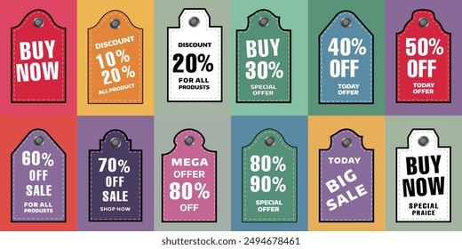 Discount offer price tag. Set Quality Tags labels banner and sticker sale offer. 10, 20, 30, 40, 50, 60, 70, 80, 90, Percent off. Vector illustration EPS.