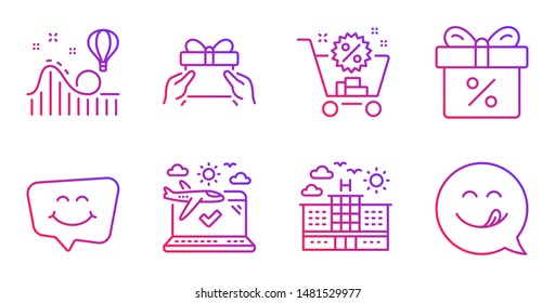 Discount offer, Roller coaster and Airplane travel line icons set. Hotel, Smile chat and Give present signs. Shopping cart, Yummy smile symbols. Gift box, Attraction park. Holidays set. Vector