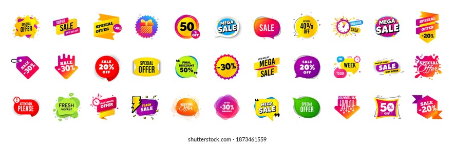 Banners de venta de ofertas de descuento. La mejor oferta de stickers de precios. Etiquetas de ofertas especiales del viernes negro. Cupón de la burbuja de la venta. Diseño de plantillas de banner con descuento de promoción. Compra la etiqueta de la oferta. Superacuerdo. Vector