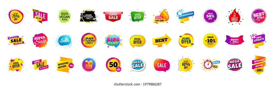 Discount offer sale banners. Best deal price stickers. Black friday special offer tags. Sale bubble coupon. Promotion discount banner templates design. Buy offer sticker. Super deal set. Vector