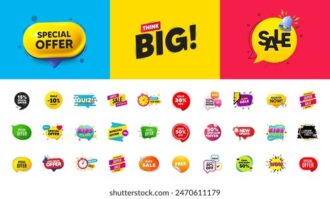 Discount offer sale banners. Best deal price stickers. Flash special offer tag. Sale bubble coupon. Promotion discount banner templates design. Buy offer sticker, think big. Vector illustration