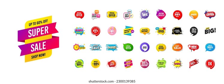 Discount offer sale banners pack. Promo price deal stickers. Special offer 3d speech bubble. Promotion flash coupons. Mega discount deal banners. Sale chat speech bubble. Ad promo message. Vector