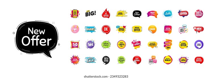 Discount offer sale banners pack. Promo price deal stickers. Special offer 3d speech bubble. Promotion flash coupons. Mega discount deal banners. Sale chat speech bubble. Ad promo message. Vector