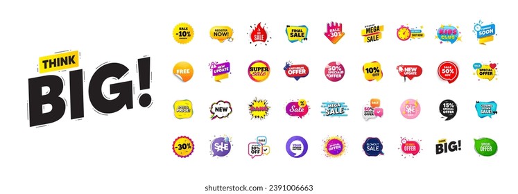 Discount offer sale banners pack. Promo price deal stickers. Special offer 3d speech bubble. Promotion flash coupons. Mega discount deal banners. Sale chat speech bubble. Ad promo message. Vector