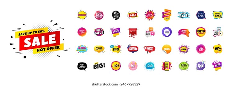 Discount offer sale banners pack. Promo price deal stickers. Special offer 3d speech bubble. Promotion flash coupons. Mega discount deal banners. Sale chat speech bubble. Ad promo message. Vector