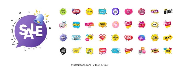 Discount offer sale banners pack. Promo price deal stickers. Special offer 3d speech bubble. Promotion flash coupons. Mega discount deal banners. Sale chat speech bubble. Ad promo message. Vector