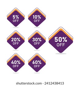Discount offer sale stickers. Discount sale off tag, 50, 20, 10, 40, 30, 60, 70, 45, 90, 5, 15 percent. Set sale offer emblem, badge price discount number. Flat offer.