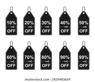 Discount offer tag 10% to 99%. Shopping coupon symbol. Sale label tag with percentage and scissor sign. Vector illustration isolated on white background.