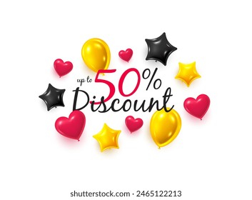 Discount offer tag with balloon icons. Sale label tag with 50 percentage sign. Black friday discount banner. Special offer sale background with heart, star balloons. Vector banner