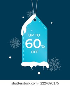 Discount offer tag icon. Up to 60 percent off. Sale winter label wirh snow. New year sale concept. Special offer composition. Vector business object concept