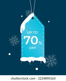 Discount offer tag icon. Up to 70 percent off. Sale winter label wirh snow. New year sale concept. Special offer composition. Vector business object concept