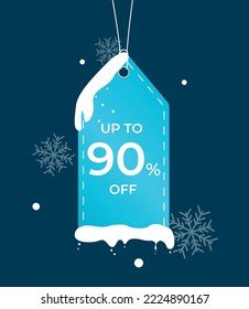 Discount offer tag icon. Up to 90 percent off. Sale winter label wirh snow. New year sale concept. Special offer composition. Vector business object concept