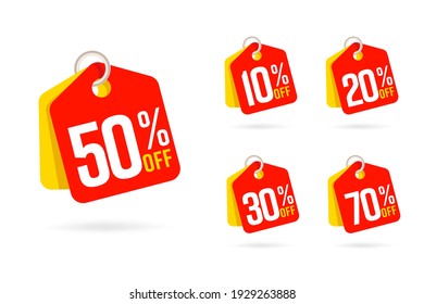 Discount offer tag set with 50 off sticker. Sale vector 10, 20, 30, 70 percent label. Promotion red banner with discount offer, clearence emlem flat style.