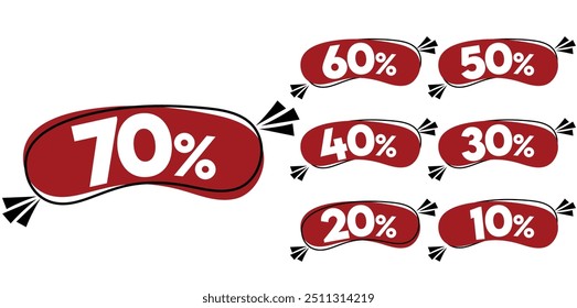 Discount Offer tags. Discount offer price sign. 10, 20, 30, 40, 50, 60 and 70 percent discount offer. Red tags for shopping, marketing, advertisement, banner, and web. Vector illustration.