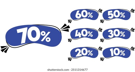 Discount Offer tags. Discount offer price sign. 10, 20, 30, 40, 50, 60 and 70 percent discount offer. Blue tags for shopping, marketing, advertisement, banner, and web. Vector illustration.