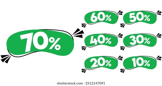 Discount Offer tags. Discount offer price sign. 10, 20, 30, 40, 50, 60 and 70 percent discount offer. Green tags for shopping, marketing, advertisement, banner, and web. Vector illustration.